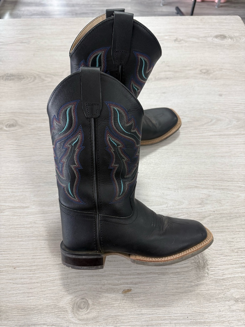 Old West Black Kids Western Boots with Multicolor Stitching
